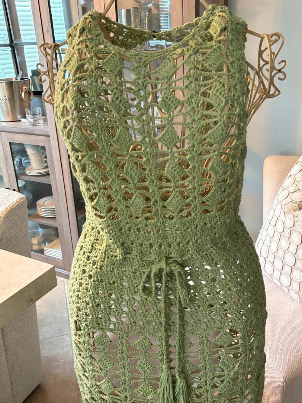 Lulu's Olive Green Crochet Fringe Maxi Dress or Cover Up - Picture 4 of 5